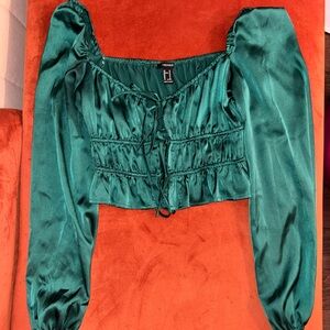 Forever 21 Green Puff Sleeve Crop Blouse